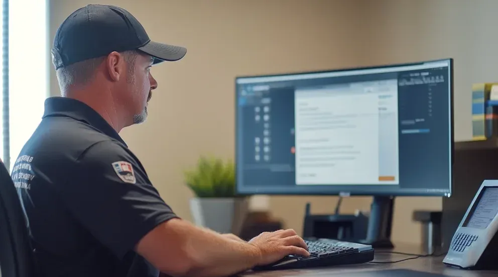 Contractor reviewing incoming leads on his office computer